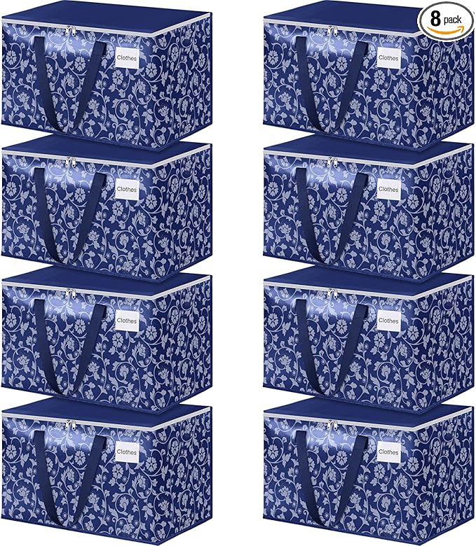 HomeHacks Moving Bags, Extra Large Size Moving Boxes, Heavy Duty Luggage Bags with Smooth Zipper and Sturdy Handles, Large Capacity & Easy Loading Storage Totes for Space Saver 125L, 8-Pack, Blue