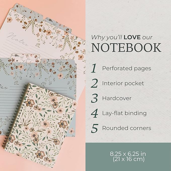 Steel Mill & Co Cute Green Mini Spiral Notebook, 8.25" x 6.25" Journal with Durable Hardcover and 160 Lined Pages, Woodland Floral