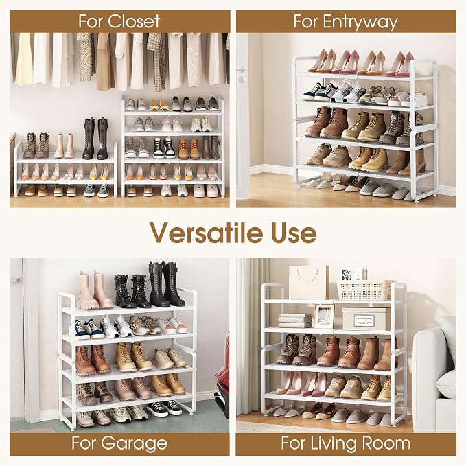 SAYZH Expandable Shoe Rack for Closet, Adjustable Metal Shoe Organizer with Sturdy Mesh Shelves for Boots & Heels, Stackable Shoe Storage for Entryway, Garage, Small Spaces (White, 4-Tier)