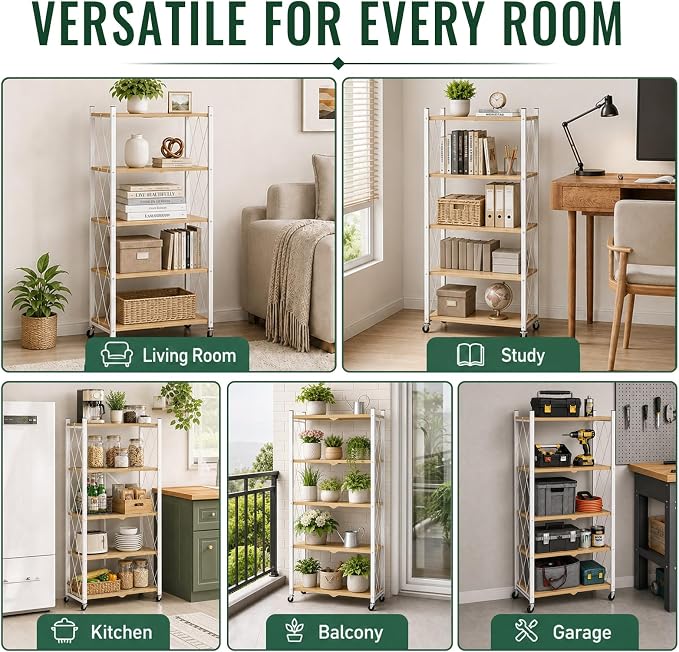 black leopard 5-Tier Foldable Shelf with Wheels, Wood-Grain Steel Shelves | Pre-assembled frame unfolds in seconds with tool-free wheel setup for fast, convenient use