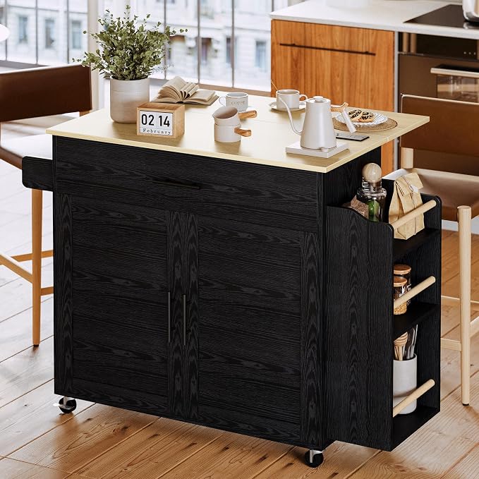 IRONCK Kitchen Island with Storage, Charging Station and Drop Leaf, Black | Wheels, Drawers, Open Shelves, Drawer Storage, Everyday Home Use