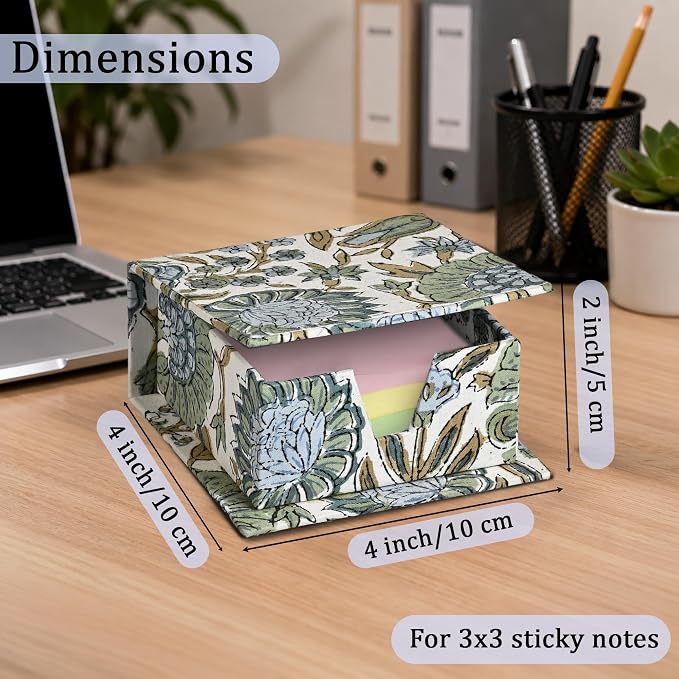 Ridhi Block Print Asparagus Green Sticky Note Holder Box for Desk, Aesthetic Memo Pad Organizer, Sticky Note Box Decorative Office Accessory, Stationery Gift for Teachers, Students, Professionals