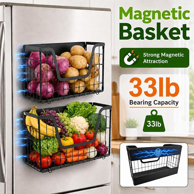 UFORU 2 Set Magnetic Shelf for Fridge, Magnetic Fruit Basket for Refrigerator, Potato Onion Storage Bins with Strong Magnets, Fridge Magnetic Spice Rack for Pantry Kitchen Counter Laundry Room, Black