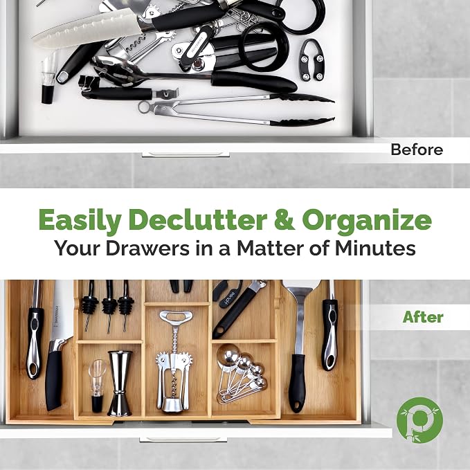 Pristine Bamboo Expandable Drawer Organizer, 10-Slot, Dark Brown | Extra Deep Non-Slip Kitchen Drawer Organizer, 17"x14.6" Expands to 25", Dark Wood Silverware Divider for Utensils