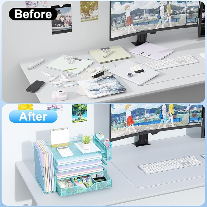 gianotter 5-Tier Desk Organizer with Drawers, File Holders, Letter Trays and Pen Holders - Workspace Accessories for Office Supplies (Blue)