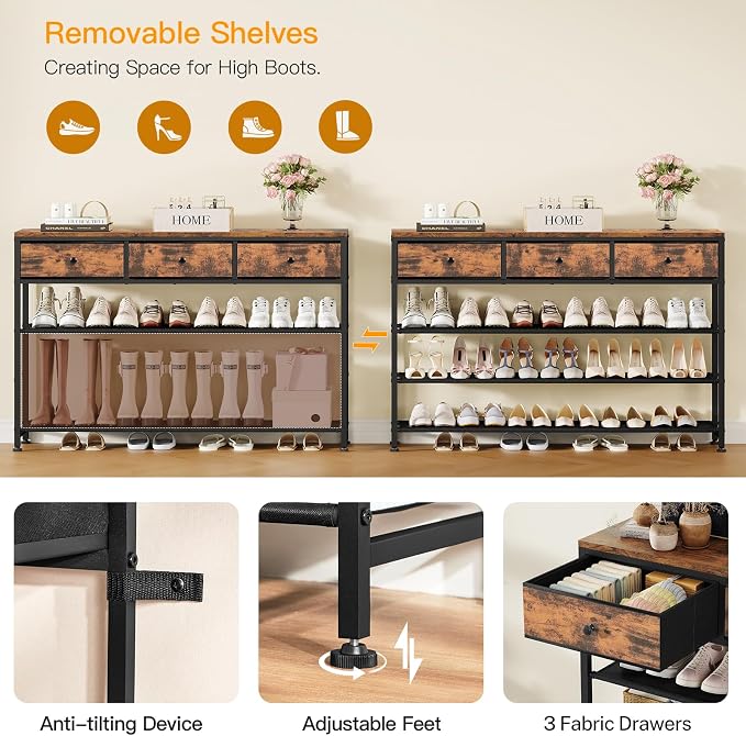 usikey 4 Tier Shoe Rack with 3 Drawers & 3 Oxford Fabric Shelves, Holds 15-18 Pairs, Metal Shoe Storage with Wood Top, Shoe Organizer for Entryway, Closet, Apartment, Rustic Brown UNYXJX022F