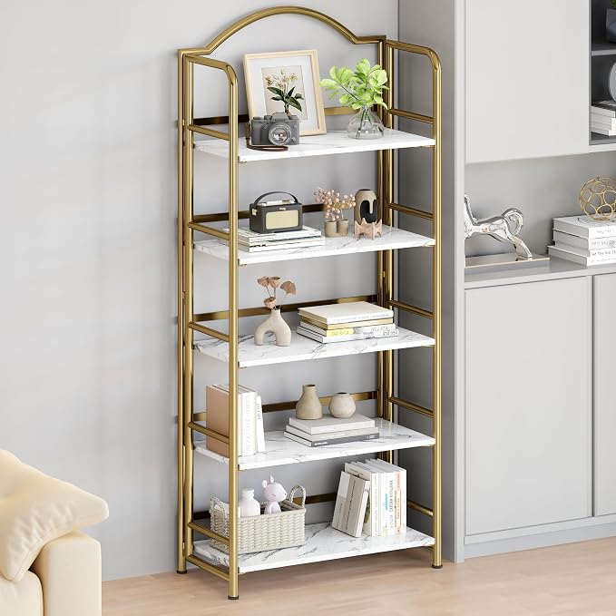 Gold Folding Bookshelf 4 Tiers, No Assembly,Vintage Storage Rack,White&Gold | Vintage Bookcase Multifunctional Plant Flower Stand, Storage Shelves Organizer for Home Office,Living Room,Dorm