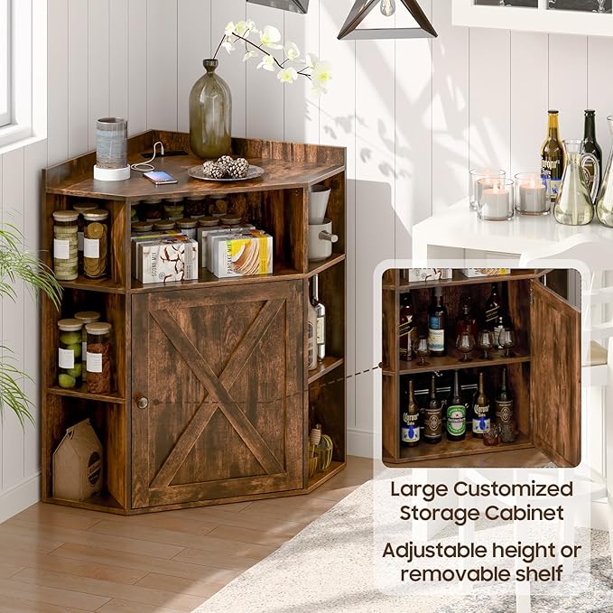 Halitaa Corner Storage Cabinet, Farmhouse Corner Bookshelf with Storage 6-Cubby Wooden Cabinet with USB Ports and Outlets Industrial Organizer for Small Space, Study, Playroom, Living Room