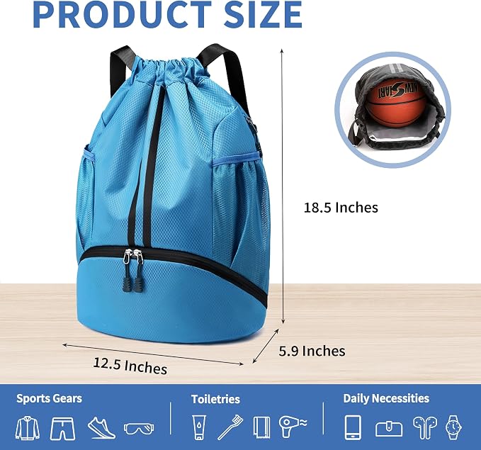 JELUTAR Drawstring Backpack Gym Bag with Shoes Compartment for Soccer, Basketball, Swim, Water-Resistant String Backpack Beach Cinch for Women Men, Sky Blue