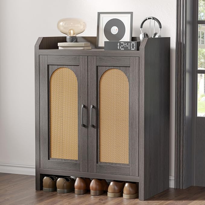 Mericonia Shoe Cabinet Storage for Entryway, Natural Rattan Shoes Cupboard, Wooden Shoe Rack with Doors and Shelves, Farmhouse Boho Wood Shoe Organizer Cabinet for Hallway Black