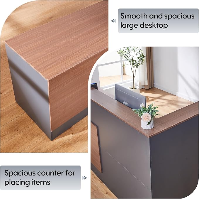 L-Shaped Reception Desk,Large Front Desk with Keyboard Tray, Lockable Drawers & File Cabinet, Receptionist Desk for Checkout,Lobby (Right L-Walnut/Slate Gray, 86.6''L x 23.6''W x 41.3''H)