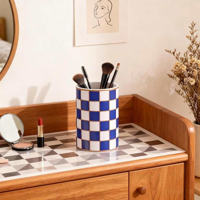 Ceramic Checkered Pen Holder For Desk,Cute Stand Black And White Pencil Cup,Durable Ceramic Pencil Cup, Decorative Makeup Brush Holder Cup, Stationery Holder for Office, School, Home (Blue)