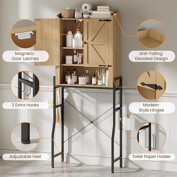 Memobarco Over The Toilet Storage Cabinet with 2-Door & Metal Stand, Wood | Toilet Paper Holder, 3 Extra Hooks, Anti-Tipping Device, With Adjustable Shelves, for Bathroom, Restroom, Laundry