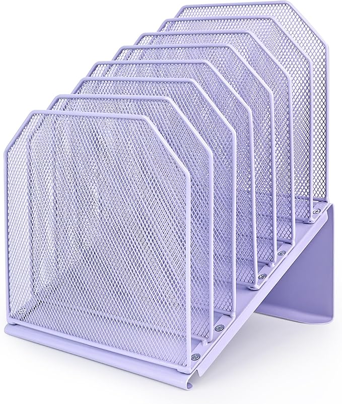 SUMMORO Inclined File Organizer for Desk, 7-Tier Vertical File Folder Holder Office Desk Organizer Metal Rack File Wire Mesh Desktop Document Sorter for Office School Classroom Home (Purple)