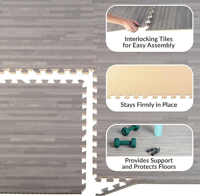 Foam Floor Tiles - 96sqft Wood Grain Interlocking Foam Tiles with Border - Foam Play Mat Playroom or Gym Flooring for Home Gym by Stalwart (Gray)