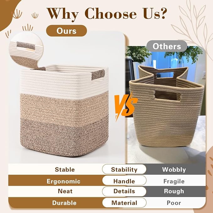 13 Inch Storage Cubes, 3 Pack Cube Storage Bins for Organizing, Cotton Rope Woven Baskets for Shelves, Bathroom, Kids Room, Closets, Baby Nursery