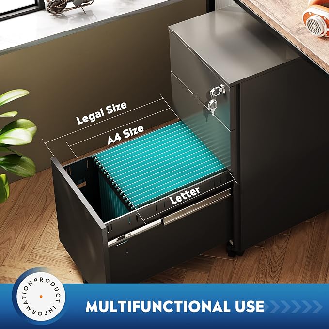 DEVAISE Slim File Cabinet, 3 Drawer Mobile Filing Cabinet for Letter/Legal/A4 Files, Fully Assembled Except Wheels, Black