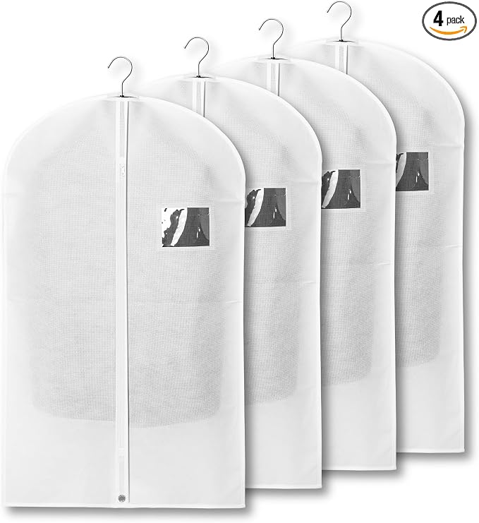 4-Pack Breathable Garment Bags for Hanging Clothes – Dust-Proof Suit & Dress Covers with Clear Window – Waterproof, Foldable Closet Storage Organizer for Coats, Gowns, and Jackets (White, 40")