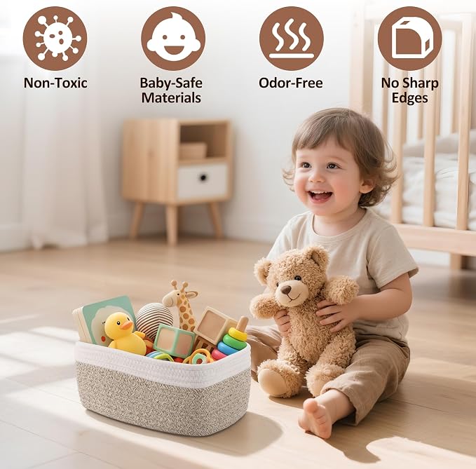 5-Pack Small Woven Rope Storage Baskets, 2 Sizes Organizer Bins | Fabric Cube Boxes and Rectangular Shallow Bins for Closet, Shelf, Bookshelf, Nursery, Changing Table, Bathroom, Toys & Home
