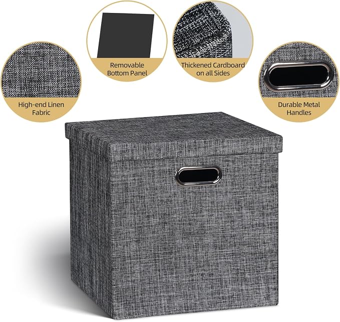 Posprica Storage Bins with Lids,13×13×13 Foldable Storage Cube Baskets Boxes Fabric Drawers for Closet Shelf Cabinet Bookcase,Set of 4,Black