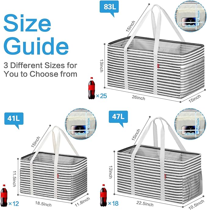 LHZK 2 Pack Extra Large Utility Tote Bag with Metal Wire Frame and the Sides Rinforced, Extra Large Tote Bag with Handle, Reusable Grocery Bags Foldable, Beach Bag, Car Tote, Grey, 26''x15''x13''