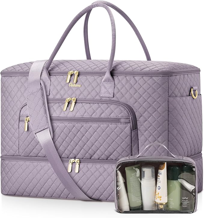 Travel Duffle Bag, Wide Open Large Weekender Bag for Women with Shoe Compartment, Carry on Overnight Bags with Toiletry Bag, Hospital Bag for Women Labor Delivery with Wet Pocket (Purple Grey)