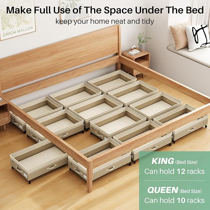 Kitstorack 2Pack Height-adjustable Under Bed Storage with Wheels, Under Bed Storage Containers,Under Bed Shoe Storage Organizer with Clear Window&Label, Suitable for Clothes Storage, Beige & Linen