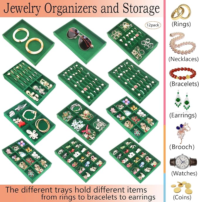 Velvet Jewelry Tray 12 Set Stackable Jewelry Organizer Trays for Drawers Rings Earrings Necklaces Bracelet Watch Display Case