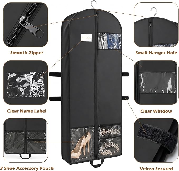 65" Long Garment Bags, Waterproof Travel Dress Bags for Hanging Clothes, Wedding Dress Cover Clothes Protector for Closet Storage, Suitable for Gowns, Tuxedos, Coats, Black