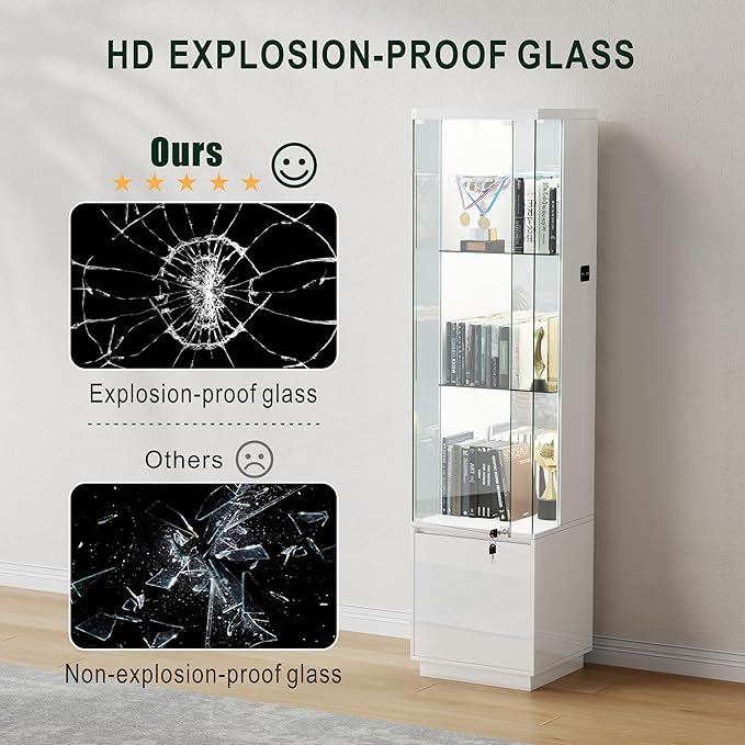 Lvifur Lockable Curio Display Cabinet with Glass Door,65" Lighted Curio Cabinet with 3 Color Lights for Collectibles,3-Tier Glass Display Case with Human Body Sensor for Living Room,White
