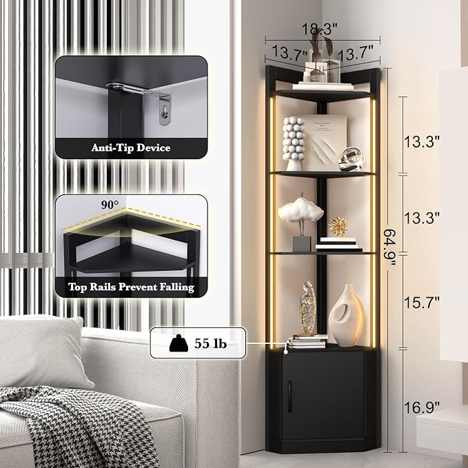 5-Tier RGB Display Cabinet, 65" Tall Corner Shelf Stand with Storage | RGBWIC LED Light, Remote & APP Control, Adjustable Brightness/Color Temp, Floor Lamp Shelves for Living Room, Bedroom