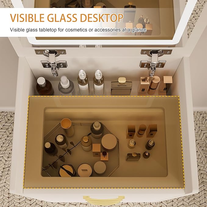 3 in 1 Vanity Desk with Mirror and Lights,Small Make Up Vanity Set with Visible Glass Desktop,Compact Makeup Vanity with 3 Drawers & Chair, Dressing Table for Bedroom
