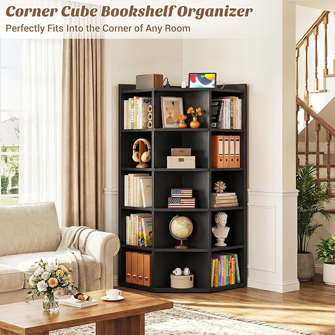 Aheaplus Corner Cube Book Shelf, 6-Tier Corner Cabinet with Power Outlets, Corner Cube Storage Shelf with Top Table, Wooden L Shaped Cubby Bookcase for Home Office, Bedroom, Living Room, Black