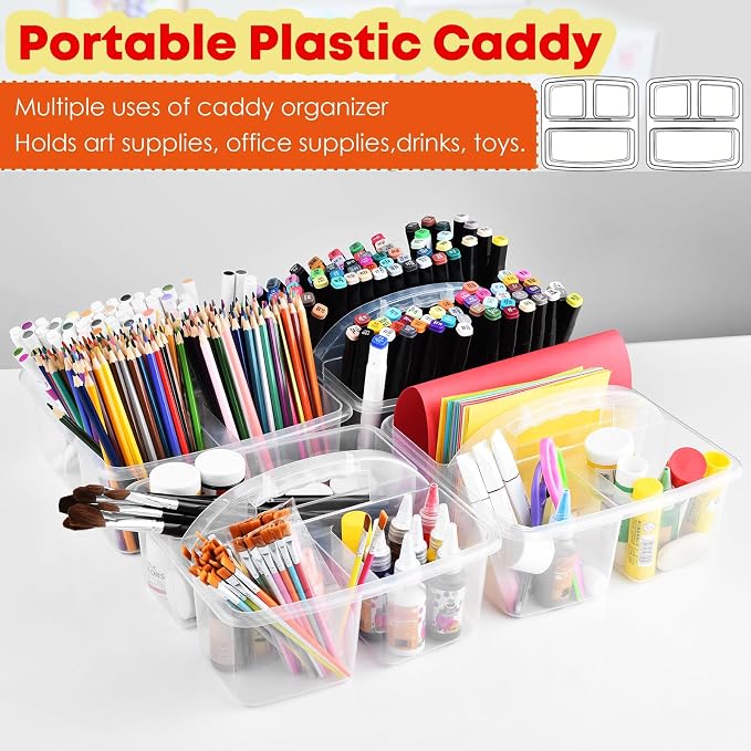 ALINK Plastic Classroom Caddy Organizer with Handle, 6-Pack 3 Compartments Portable Plastic Storage Caddy for Classroom Organization, Table, Desk, Office, Craft Art, Teacher Supply - Clear