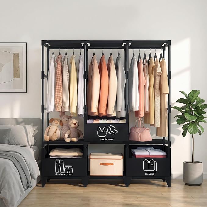 LOKEME Portable Closet,Sturdy Stable Large Capacity Wardrobe Closet,Clothes Rack with Shelves,3 Folding Areas,3 Storage Areas,3 Hanging Areas,Suitable for Bedrooms and Dormitory,50in Black