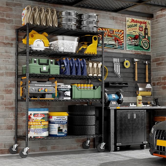 ROOMTEC 5-Tier Wire Shelving with Wheels,45"W*20"D*72"H,Max Load 2000 lbs | Rolling Garage Shelves,Heavy Duty Storage Shelf,Adjustable Metal Shelf Rack for Kitchen,Laundry,Pantry,Warehouse,Basement