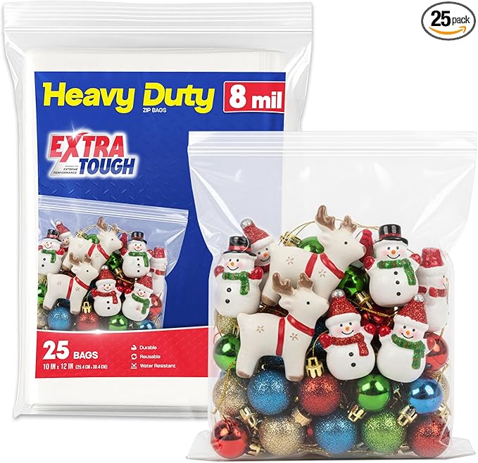 Heavy Duty Zip Seal Lock Storage Bags, 8 Mil Plastic Zip Top Bag, Reusable Poly Gallon Bag for Toiletries, Tool, Food Kitchen, 10"x12", Pack 25