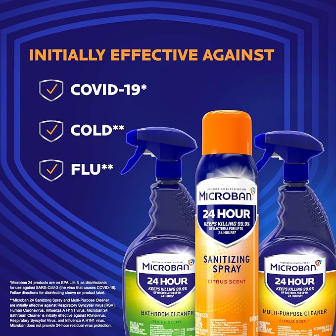 MICROBAN Disinfectant Spray, 24 Hour Sanitizing and Antibacterial Sanitizing Spray, Citrus Scent, 2 Count (15oz Each) (Packaging May Vary)