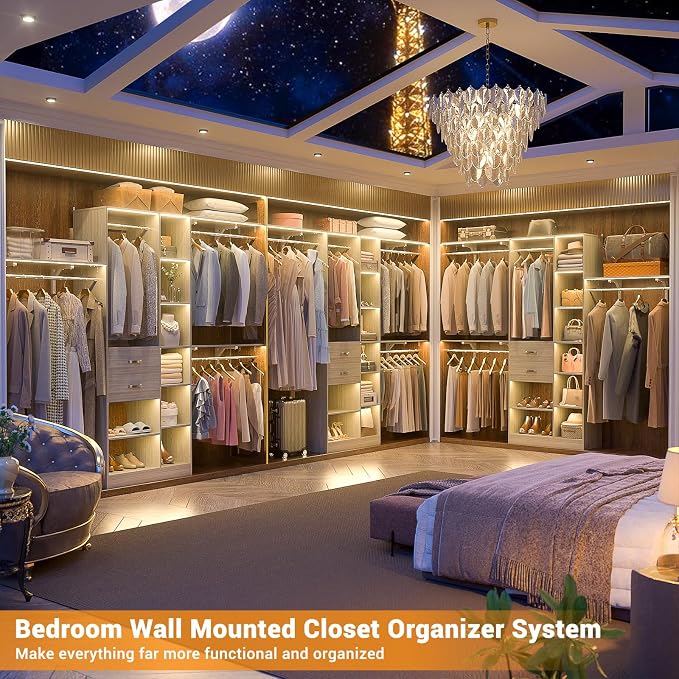 Armocity 8FT Heavy Duty Wood Closet System, 1500 LBS+ Capacity Wall Mounted Walk-in Closet Organizer with 2 Drawers & 4 Hanging Rods, 96'' Custom Bedroom Storage Wardrobe, White Oak