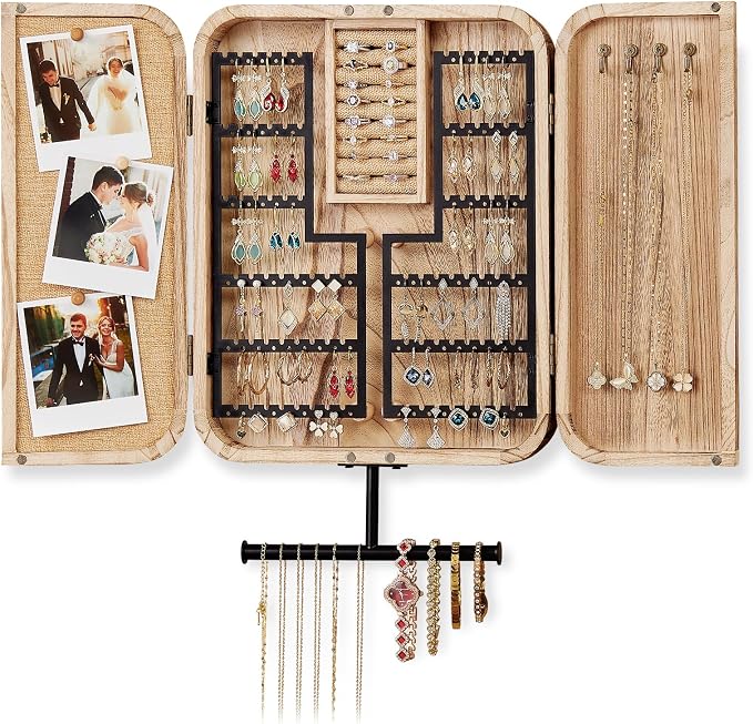 Pinzoveco Hanging Jewelry Organizer, Wall Mounted Jewelry Organizer for Earring Holder Organizer, Jewelry Cabinet Holder Jewelry Storage Box for Earrings, Necklaces, Bracelets, Ring Holder
