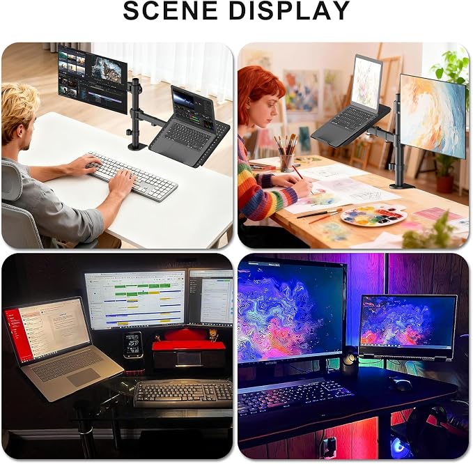 WALI Dual Arm Laptop and Monitor Desk Mount for 17" Notebook and Up to 27" Screen, Fully Adjustable Monitor Arm with Laptop Tray, VESA 75x75 100x100, Holds up to 22 lbs, Black (M001LP)