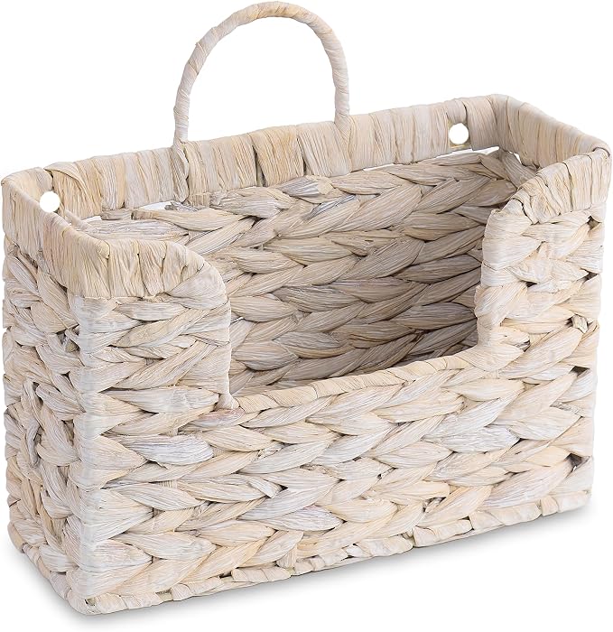 PINXIURY Magazine Holder Wall Basket Water Hyacinth Woven Mail Organizer, Wicker Wall Hanging Baskets for Magazines, Letters & Storage Decorative Mail Holder, Magazine Rack, Hanging Basket, Whitewash
