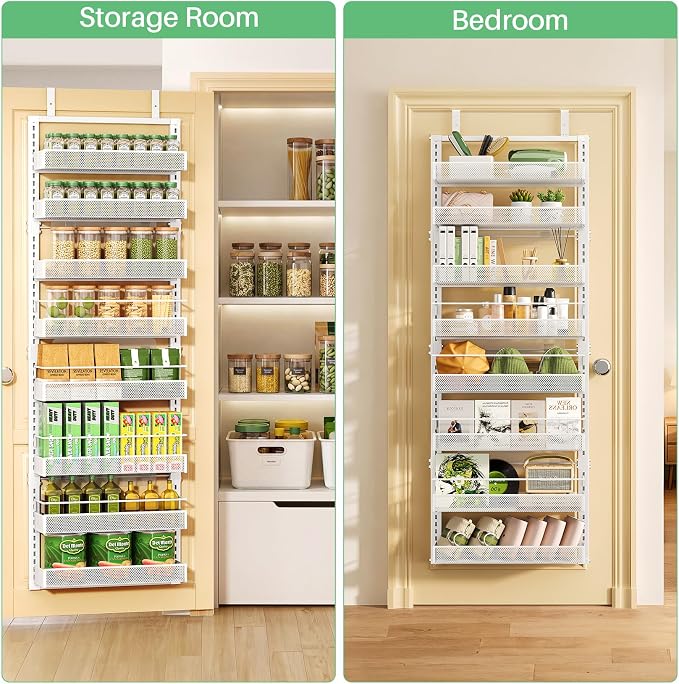 Over the Door Pantry Organizer - 8 Tiers Height Adjustable Pantry Organizers and Storage with Dense Mesh Baskets, Metal Door Hanging Spice Rack for Kitchen Bathroom (White, 17.2" W x 6.2" D x 69.2" H)