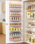 SNTD 8 Tiers Over the Door Organizer - Height Adjustable Pantry Organizers and Storage with Dense Mesh Baskets, Anti-Swing Hanging Door Spice Rack for Kitchen Bathroom (Pink, 17" W x 6" D x 69" H)