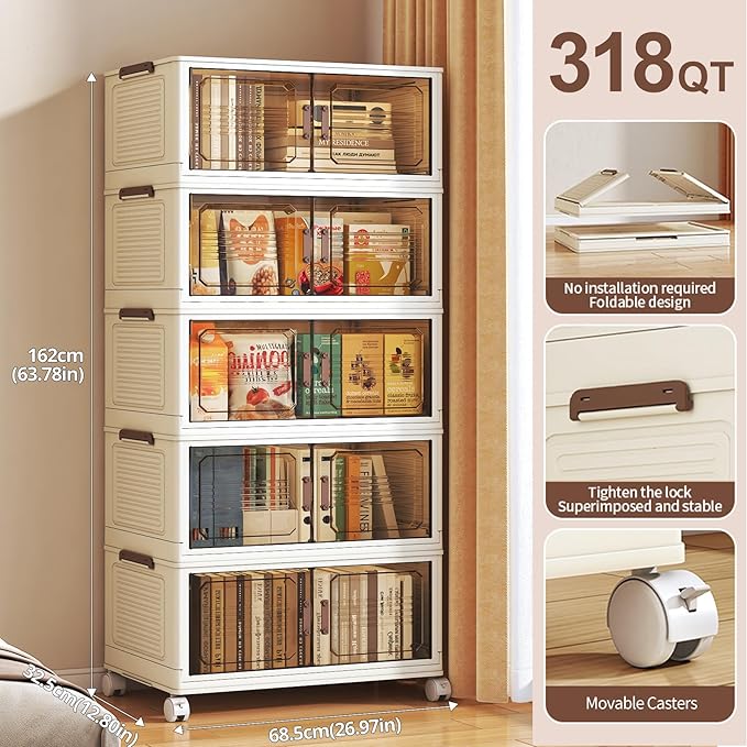 318QT Extra Large Lockable Stackable Storage Bins with Lids, 5-Tier Collapsible Plastic Storage Cabinet on Wheels, Foldable Closet Organizer for Bedroom Dorm Home Office Organization