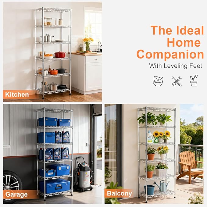 6-Tier Wire Shelving Unit,21.3" Wx11.4 Dx73 H,Metal Shelf Racks with Lockable Wheels, Height Adjustable Storage Shelves for Narrow Space/Laundry/Bathroom/Kitchen/Pantry/Closet/Chrome