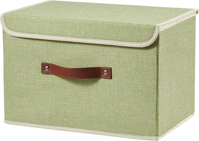 Storage Boxes with Lid Cotton Linen Fabric Storage Bins Organizer Container Decorative Collapsible Washable Shelf Baskets Faux Leather Handles for Home Bedroom Closet (Green, Large Size)