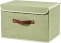 Storage Boxes with Lid Cotton Linen Fabric Storage Bins Organizer Container Decorative Collapsible Washable Shelf Baskets Faux Leather Handles for Home Bedroom Closet (Green, Large Size)