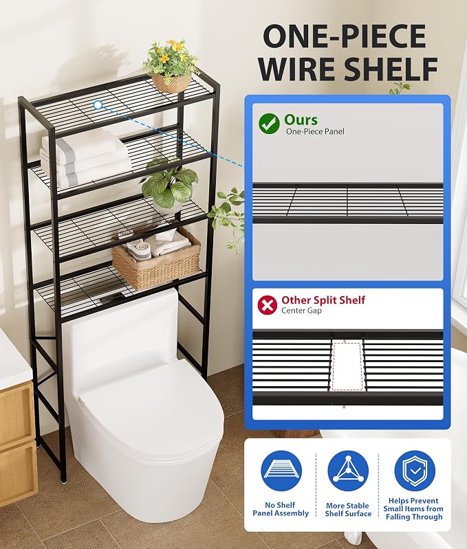 4-Tier Over The Toilet Storage Rack, Bathroom Organizer with One-Piece Metal Mesh Shelves, Over Toilet Shelf with Adjustable Feet & Anti-Tip Kit, Space-Saving Bathroom Storage, Black