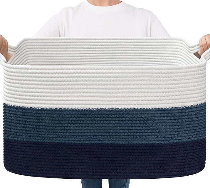 Goodpick Storaget Basket, 21.6" x 14.9" x 11.8", Toy Storage Baskets for Bedroom, Large Baskets for Organizing, Rectangle Woven Rope Basket for Blanket Storage, Blue